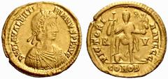 An Important Collection of Roman Gold Coins Part II The Roman Empire Valentinian III, 425 – 455 No.: 223 Estimate: CHF 600 d=21 mm Solidus, Ravenna 426-430, 4.33 g. D N PLA VALENTI – NIANVS P F AVG Ro