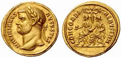 The Roman Empire Maximianus Herculius Augustus, first reign 286 -305 No.: 202 Estimate: CHF 7500 d=20 mm Aureus, Cyzicus 293, AV 5.43 g. MAXIMIANVS – AVGVSTVS Laureate head l. Rev. CONCORDI – AE AVGG 