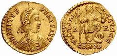 The Roman Empire Avitus, 455 – 456 No.: 299 Estimate: CHF 40000 d=21 mm Solidus, Arles 455-456, 4.33 g. DN AVITVS – PERP AVG Rosette-diademed, draped and cuirassed bust r. Rev. VICTORI – A AVGGG Emper