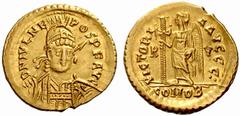 The Roman Empire Julius Nepos, first reign 474 – 475 No.: 303 Estimate: CHF 8000 d=21 mm Solidus, Ravenna 474-475, AV 4.44 g. D N IVL NE – POS P F AVG Helmeted, pearl-diademed and cuirassed bust three