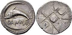 Greek coins Messana as Zankle under the Samians. Chalcidian drachm circa 500, AR 5.61 g. DANKLE Dolphin swimming l. within sickle-shaped open harbour; outer edge of wharf surrounded by dots. Rev. Muss