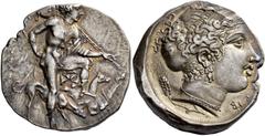 Greek coins Segesta. Tetradrachm circa 405-400, AR 17.16 g. EΓE STAIΩN Aegestes, the city's founder, as hunter, standing r. with l. foot upon rock, r. hand resting on hip, l. elbow on knee; he wears a