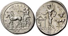 Greek coins Selinus. Tetradrachm circa 440, AR 17.58 g. ΣΕΛ – ΙΝ – ΟΝΤ – ΙΟΣ Slow quadriga l. in which stand Apollo and Artemis, respectively shooting arrow and holding reins. Rev. ΣΕΛ – Ι – NΟ – Σ Th
