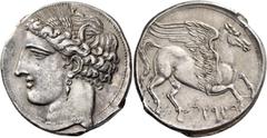 Greek coins The Carthaginians in Sicily and North Africa. Decadrachm, Carthage circa 260, AR 38.04 g. Head of Tanit (Kore-Persephone) l., wearing barley wreath and earring. Rev. Pegasus flying r.; bel