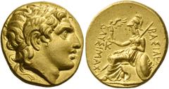 Greek coins Kingdom of Thrace, Lysimachus, 323 – 281 and posthumous issues. Stater, uncertain mint circa 323-281, AV 8.50 g. Diademed head of deified Alexander r., with the horn of Ammon. Rev. Athena 