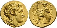Greek coins Kingdom of Thrace, Lysimachus, 323 – 281 and posthumous issues. Stater, Ephesus circa 294-287, AV 8.56 g. Diademed head of deified Alexander r., with the horn of Ammon. Rev. ΒΑΣΙΛΕΩΣ – ΛΥΣ