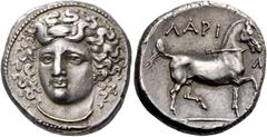 Greek coins Thessaly, Larissa. Didrachm 350-300, AR 12.19 g. Head of nymph Larissa facing three-quarters l., wearing ampyx, earring and necklace. Rev. ΛAPI – Σ / [AIΩN] Bridled horse advancing r., r. 