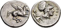 Greek coins Epirus, Ambracia. Stater circa 380-360, AR 8.51 g. Pegasus flying r. Rev. Head of Athena r., wearing Corinthian helmet decorated with A; in r. field, APAΘΘOΣ and in l. field, Aracthos seat