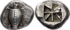 Greek coins Aegina, Aegina. Stater, circa 550-500, AR 12.14 g. Sea-turtle seen from above, with thin collar and dots running down its back. Rev. Incuse square divided into eight triangles, some of whi