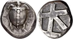 Greek coins Aegina, Aegina. Stater circa 480-457, AR 12.31 g. Sea turtle seen from above. Rev. Incuse square with skew pattern. Milbank pl. 1, 15. SNG Copenhagen 507. Gulbenkian 523. Dewing 1674. Stru