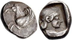 Greek coins Corinthia, Corinth. Hemidrachm circa 470, AR 1.41 g. Forepart of Pegasus l. Rev. Head of Aphrodite r., wearing thin diadem and pearl necklace. All within partially incuse square. SNG Locke