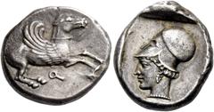 Greek coins Corinthia, Corinth. Stater circa 460-450, AR 8.52 g. Pegasus flying r.; below, []. Rev. Head of Athena l., wearing Corinthian helmet. All within partially incuse square. Traité III, pl. CC