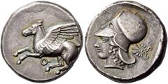 Greek coins Corinthia, Corinth. Stater circa 450-400, AR 8.58 g. Pegasus flying l.; below, [koppa]. Rev. Head of Athena l., wearing Corinthian helmet; in r. field, palmette. Ravel 330. Calciati 104 (t