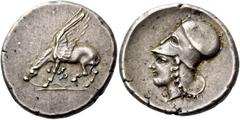 Greek coins Corinthia, Corinth. Stater circa 400-380, AR 8.58 g. Pegasus standing l. and drinking; below, [koppa]. Rev. Head of Athena l., wearing Corinthian helmet. Ravel 500. Calciati 215 (these die