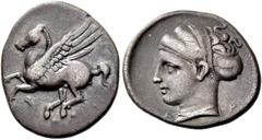 Greek coins Corinthia, Corinth. Drachm circa 350, AR 2.66 g. Pegasus flying l.; below, [koppa]. Rev. Head of Aphrodite l.; wearing sakkos; below, A – P. BMC pl. XII, 9 (this obverse die). BCD Korinth 