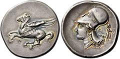 Greek coins Corinthia, Corinth. Stater circa 345-307, AR 8.51 g. Pegasus flying l.; below, [koppa]. Rev. Head of Athena l.; in r. field, Δ and Dionysus standing r., holding kantharos and bunch of grap