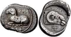 Greek coins Euanthes, circa 450 (?). Siglos circa 450, AR 11.11 g. [e u wa te o se] in Cypriot characters. Ram lying l. Rev. ba in Cypriot characters. Ram’s head. All within incuse square. Traité II 1
