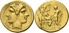 The Roman Republic Stater circa 218-216, AV 6.84 g. Laureate Janiform head of the Dioscuri. Rev. Oath taking scene with two warriors, one Roman and the other representing the Italian allies, standing 