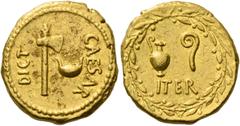 The Roman Republic C. Iulius Caesar. Aureus, mint moving with Caesar in the East 48-47 BC, AV 8.03 g. CAESAR – DICT Axe and culullus. Rev. ITER Jug and lituus. All within laurel wreath. C 21. Babelon 
