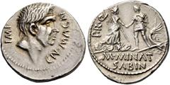The Roman Republic Cnaeus Pompeius Junior and M. Minatius Sabinus. Denarius, Spain 46-45, AR 3.80 g. IMP – CN·MAGN Head of Cnaeus Pompeius Magnus r. Rev. PR·Q Personification of Corduba, turreted, sta