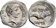 The Roman Empire Octavian, 32 – 29 BC. Denarius, uncertain Eastern mint 28, AR 3.86 g. CAESAR·DIVI F· – COS·VI Bare head r.; below neck, small capricorn. Rev. AEGVPTO / CAPTA Crocodile r. with jaws cl