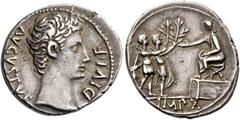 The Roman Empire Octavian as Augustus, 27 BC – 14 AD. Denarius, Lugdunum 15-13, AR 3.88 g. AVGVSTVS – DIVI·F Bare head r. Rev. Two soldiers (or Drusus and Tiberius) with parazonium offering branches t