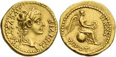 The Roman Empire Tiberius augustus, 14 – 37. Quinarius, Lugdunum 30-31, AV 3.83 g. TI DIVI F – AVGVSTVS Laureate head r. Rev. TR POT – XXXII Victory seated r. on globe, holding wreath in both hands. C