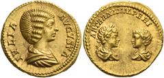 The Roman Empire Julia Domna, wife of Septimius Severus. Aureus 201, AV 7.18 g. IVLIA – AVGVSTA Draped bust r. Rev. AETERNIT IMPERI Confronted busts of Caracalla laureate, draped and cuirassed facing 