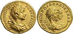 The Roman Empire Caracalla augustus, 198 – 217. Aureus circa 201, AV 7.10 g. ANTONINVS PIVS AVG PON TR P IIII Laureate, draped and cuirassed bust of Caracalla r. Rev. CONCORDIAE AETERNAE Jugate busts 