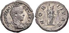 The Roman Empire Geta caesar, 198 – 209. Quinarius 207, AR 1.10 g. P SEPTIMIVS – GETA CAES Bareheaded, draped and cuirassed bust r. Rev. NOBILITAS Nobilitas standing r., holding sceptre and palladium.