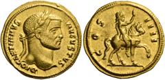 The Roman Empire Diocletian, 284 – 305. Aureus, Cyzicus circa 290-293, AV 5.30 g. DIOCLETIANVS – AVGVSTVS Laureate head r. Rev. COS – IIII Emperor riding r., raising r. hand. C 55. Lukanc 4. RIC 288. 