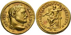 The Roman Empire Galerius Maximianus ceasar, 293 – 305. Aureus, Treveri 293-305, AV 5.24 g. MAXIMI – ANVS NOB C Laureate head r. Rev. IOVI CONSERVAT AVGG – ET CAESS N N Jupiter, naked to waist, seated