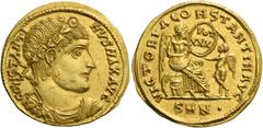 The Roman Empire Constantine II caesar, 317 – 337. Solidus, Nicomedia 335, AV 4.47 g. CONSTANTI NVS NAX AVG Diademed, draped, and cuirassed bust r. Rev. VICTORIA CONSTANTIN AVG Victory seated r. on cu