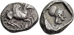 Greek coins Corinthia, Corinth. Stater circa 480, AR 8.26 g. Pegasus flying r. Rev. Head of Athena r., wearing Corinthian helmet; all within partially incuse square. Ravel 127 (these dies). Calciati –