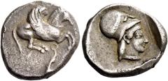 Greek coins Corinthia, Corinth. Drachm circa 470, AR 2.75 g. Pegasus flying r. Rev. Head of Athena r., wearing Corinthian helmet; all within partially incuse square. SNG Copenhagen 11. BCD Korinth 27 