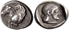 Greek coins Corinthia, Corinth. Hemidrachm circa 470, AR 1.34 g. Forepart of Pegasus l. Rev. Head of Aphrodite r., wearing thin diadem and pearl necklace. All within partially incuse square. McClean 6