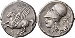 Greek coins Corinthia, Corinth. Stater circa 375-370, AR 8.50 g. Pegasus flying l. Rev. Helmeted head of Athena l.; below the chin, I and in r. field, Nike flying l., holding fillet. Ravel 1030. Cacia