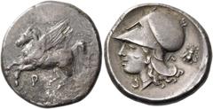 Greek coins Corinthia, Corinth. Stater circa 330, AR 8.36 g. Pegasus flying l. Rev. Head of Athena l.; in r. field, A and bee. Ravel 1037. Calciati 397/1. BCD Korinth –. An interesting symbol. Obverse