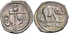 The Roman Republic C. Iulius Caesar. Denarius, mint moving with Caesar 49-48, AR 3.71 g. Pontifical emblems: culullus, aspergillum, axe and apex. Rev. Elephant r., trampling dragon; in exergue, CAESAR