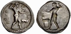 The Barry Feirstein Collection of Ancient Coins Part I Greek Coins Bruttium, Caulonia No.: 6 Estimate: CHF 18000 d=31 mm Nomos circa 525-500, AR 8.05 g. KAVL Apollo, diademed, walking r., holding laur