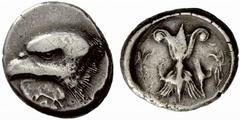 The Barry Feirstein Collection of Ancient Coins Part I Greek Coins Elis, Olympia No.: 51 Estimate: CHF 7500 d=26 mm Stater signed DA circa 400, AR 12.10 g. Eagle’s head l., below, poplar leaf inscribe