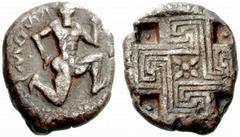 The Barry Feirstein Collection of Ancient Coins Part I Greek Coins Crete, Cnossus No.: 55 Estimate: CHF 18000 d=25 mm Stater circa 420, AR 11.92 g. KNOSI[ON] Minotaur running r., head facing with r. h