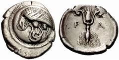 Greek Coins Elis, Olympia No.: 265 Estimate: CHF 12000 d=26 mm Stater circa 396, AR 11.97 g. Eagle standing l., bent on tearing with its beak at snake coiled around its talons; the whole on round shie