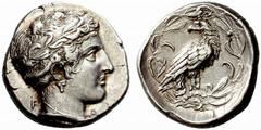 Greek Coins Elis, Olympia No.: 266 Estimate: CHF 15000 d=26 mm Tetradrachm, Hera 375-370, AR 12.21 g. F – A Head of Hera r., wearing stephane ornamented with olive leaves, earring and necklace. Rev. E