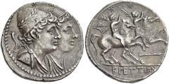 Greek Coins Bruttium, The Brettii Reduced quadrigatus circa 215-205, AR 5.59 g. Jugate busts of the Dioscuri r., wearing chlamydes and laureate pilei; above, two stars and in l. field, cornucopiae and