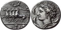 Greek Coins Syracuse Decadrachm unsigned work by Euainetos circa 400, AR 43.04 g. Fast quadriga driven l. by charioteer, holding reins and kentron; in field above, Nike flying r. to crown him. In exer