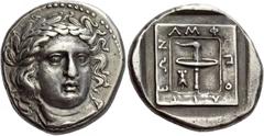 Greek Coins Macedonia, Amphipolis Tetradrachm circa 366-365, AR 14.21 g. Laureate head of Apollo, facing three-quarters r., hair flowing at sides of face. Rev. AMΦ – ΙΠΟ – ΛΙΤ – ΕΩΝ around raised squa
