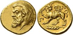 Greek Coins The Tauric Chersonesus, Panticapaeum Stater circa 380-370, AV 9.09 g. Bearded head of Pan l. Rev. Π – A – N Griffin standing l., head facing on stalk of barley, holding spear in his mouth.