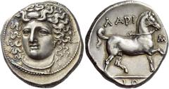 Greek Coins Larissa Didrachm circa 356-342, AR 12.25 g. Head of nymph Larissa facing three-quarters l., wearing ampyx, earring and necklace. Rev. ΛAPI – Σ / [A]IΩ[N] Bridled horse advancing r., r. for