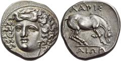 Greek Coins Larissa Drachm circa 350-300, AR 6.15 g. Head of the nymph Larissa facing slightly l., wearing ampyx and necklace. Rev. ΛΑΡΙΣ / ΑΙΩΝ Horse grazing r., preparing to roll. Lorber, Hoard, pha